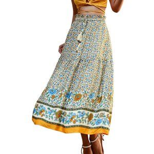 Floral Ruffle Drawstring Waist Asymmetrical Hem Maxi Skirt Viscose Sizes S-XL